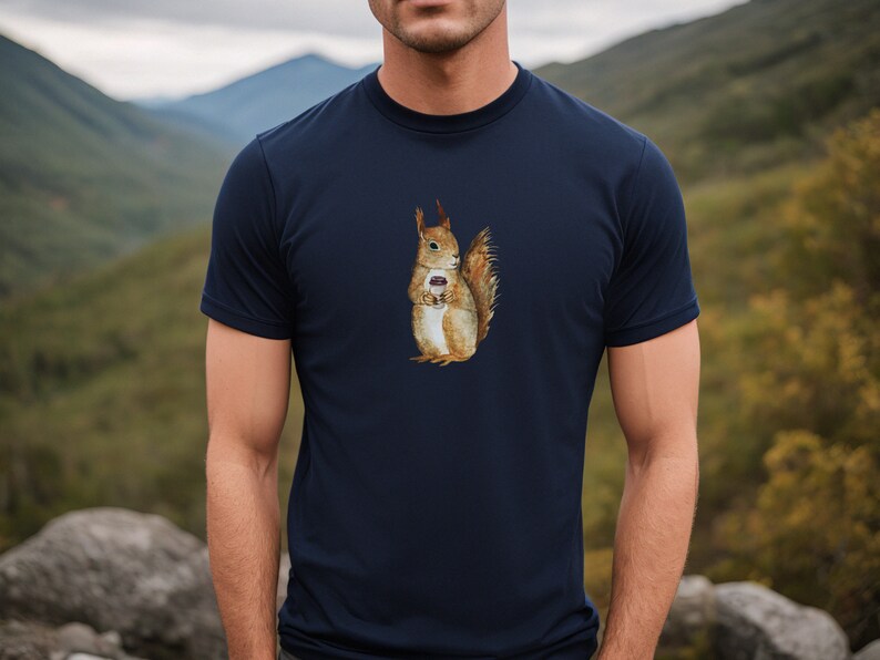 Navy colored tshirt featuring a fuzzy squirrel drinking a hot coffee.