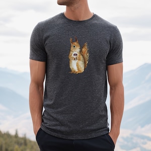 Dark Gray Heather colored tshirt featuring a fuzzy squirrel drinking a hot coffee.