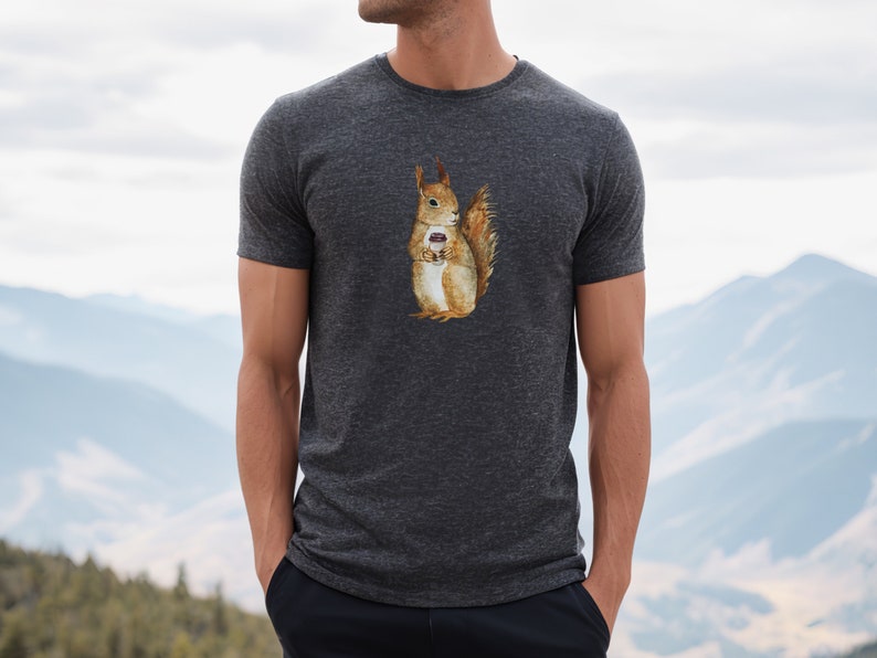 Dark Gray Heather colored tshirt featuring a fuzzy squirrel drinking a hot coffee.