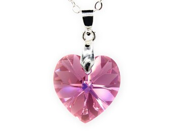 Collar con colgante de corazón de cristal Swarovski Rose AB, chapado en plata de ley