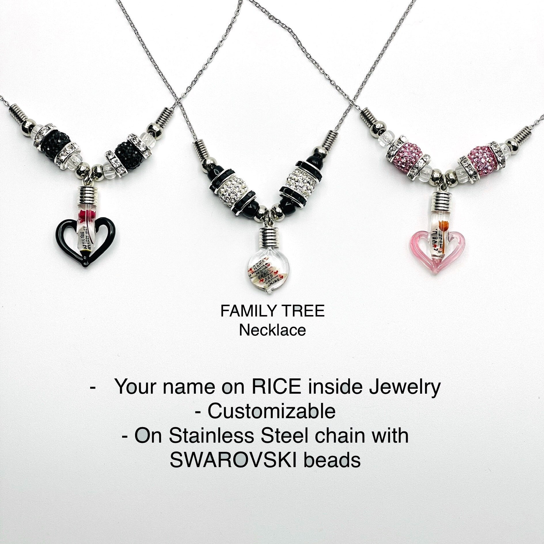 Rice Jewelry, Name on Rice Necklace, Swarovski Beads Rice Jewelry, Name on Rice Necklace, Swarovski Beads