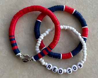 Boston Red Sox Baseball Bracelet Set: MLB Heishi Bead Sports Jewelry