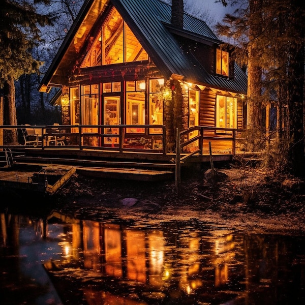 Warm Light Lakefront Cabin | Evening Lights | Lakefront Cabin| Peaceful Image | Elegant Decor | 300 DPI | Interior Decor Ideas | Digital Art