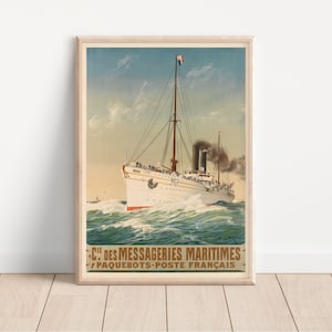 Cartel de transatlántico vintage, arte clásico de viajes marítimos, colección de línea francesa, decoración náutica, impresión de pared de viaje marítimo retro