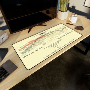 Vintage Airway Map Desk Mat, Ford Tri-Motor Plane, Columbia River Gorge 1934 Design, Large Office Mousepad, Hemmed Edge Desk Mat