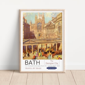 Vintage Bath Travel Poster, British Railways Georgian City Art, Retro Train Travel Advertisement, Wall Decor, Unique Gift Idea