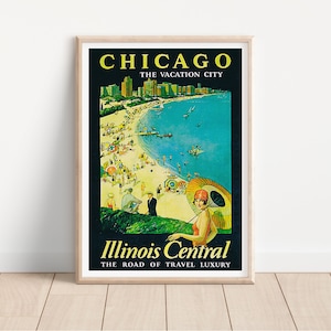 Vintage Chicago Travel Poster, Illinois Central Railroad, Retro Wall Art, The Vacation City Beach Decor, Unique Home Artwork, 1920s Style