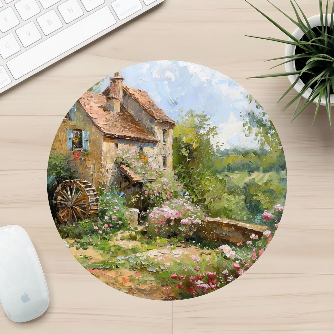 Vintage Cottage Garden Art Mousepad, Rustic House and Flowers Mouse Pad ...