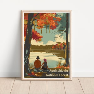 Cartel vintage del bosque nacional, impresión de viaje de Apalachicola, decoración rústica de la pared, regalo amante de la naturaleza, arte retro del parque, arte de la pared de la escena de otoño