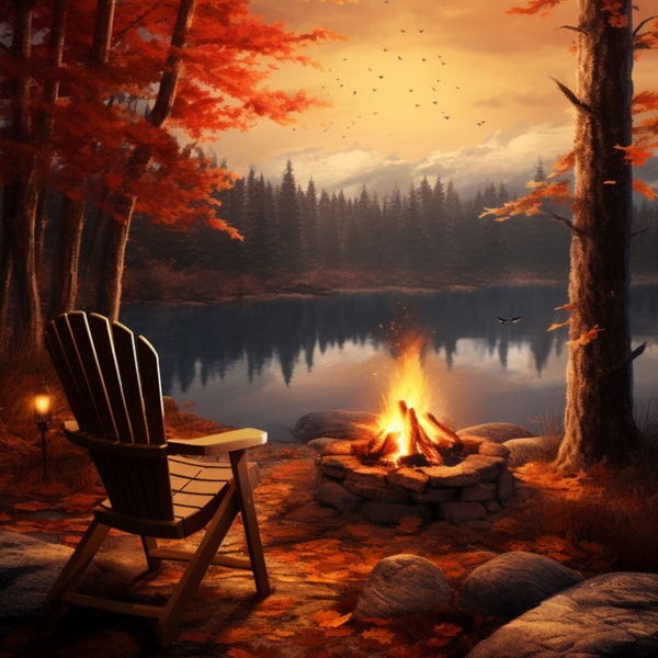 Lakeside Campfire Reading Spot in the Fall | Fall Image | Campfire  Painting | Wall Art | Affordable Art | Digital Download | 300 DPI