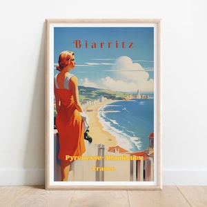 Cartel de viaje vintage de Biarritz, arte de la pared de la playa de la Riviera francesa, decoración costera, impresión retro de verano, Pirineos Atlánticos Francia, idea de regalo