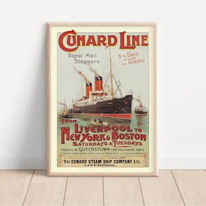 Vintage Cunard Line Travel Poster, New York to Boston Steamship, Retro Maritime Decor, Nautical Wall Art