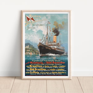 Vintage Hamburg-America Line Reiseposter, 1900er Retro-Schiffskunstdruck, nautische Wanddekoration, maritime Sammleranzeige, Dampfschiff-Kunstwerk