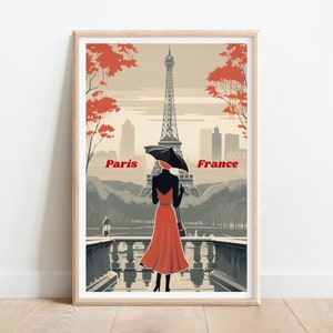 Paris Travel Poster Wall Art, Vintage Style Paris Illustration, Red Dress Fashion Decor, French Cityscape Romantic Gift Idea, Traveler Gift
