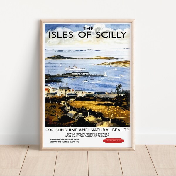affiche vintage de voyage des îles Scilly, art mural British Railways, impression rétro voyage au Royaume-Uni, décoration côtière, voyage en anglais, affiche des îles du Nord