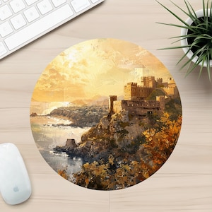 Monlitjos Castle, Rhodes Greece Mousepad, Unique Art Mousepad, Round 8 Inch Mousepad, Office Desk Accessories, Perfect Gift Idea for Gamers