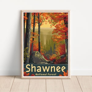 Cartel de viaje del Bosque Nacional Shawnee, Paisaje de otoño de inspiración vintage, Arte de pared de decoración rústica del hogar, Regalo de impresión de arte para amantes de la naturaleza, Color de otoño