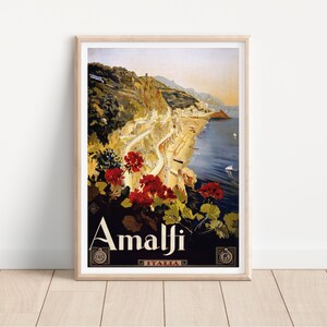 Plakat podróżniczy Vintage Italian Amalfi Coast, sztuka ścienna Retro Italy, klasyczny wystrój nadmorski, nostalgiczny wydruk Riviera, śródziemnomorski