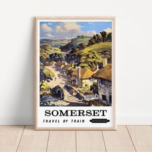 Vintage Somerset Travel by Train Poster, British Railways Wall Art, Retro England Countryside Decor