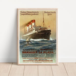 Cartel de transatlántico vintage, impresión de viaje retro, línea de Hamburgo Sudamérica, arte de pared náutica, decoración marítima coleccionable, regalo para viajero