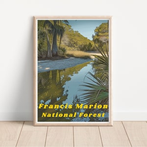 Pôster de viagem da floresta nacional inspirado no vintage, arte de parede Francis Marion, presente para amantes da natureza, decoração de aventura ao ar livre, casa e escritório