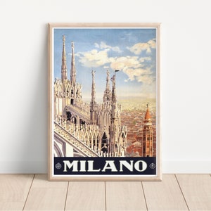 Cartel de viaje vintage de Milán, arte retro del paisaje urbano de Italia, impresión del Duomo de Milán, decoración de la pared italiana, anuncio de turismo nostálgico