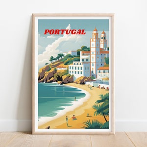 Vintage Portugal Travel Poster, Retro Beach Wall Art, Scenic Portugal Print, Coastal Decor, Portugal Travel Scene, Travel Gift, Seascape Art