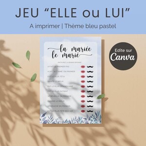 Carte Jeu Mariage Thème Bleu pastel, Elle ou Lui, Il ou Elle, Jeu DIY, Jeu Pour Invités, A Imprimer, Facilement Personnalisable