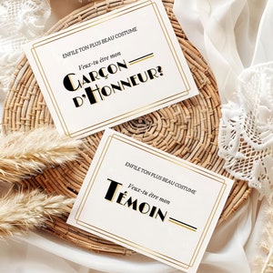 Ensemble de Templates Cartes de Demande Témoin & Garçon d'Honneur, À Imprimer, Pour Hommes Style Gatsby, Facilement Personnalisable
