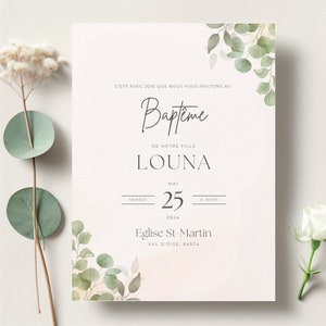 Modèle d'Invitation Baptême Eucalyptus Tendance, Personnalisable avec Date, Lieu, Prénom de l'Enfant