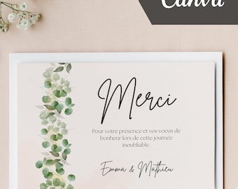 Carte De Remerciement Pour Mariage, Modèle DIY, Thème Eucalyptus, Entièrement Personnalisable, Téléchargement Instantané