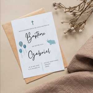 Modèle De Carte D'Invitation Pour Baptême Garçon, À Imprimer, Bleu, Aquarelle Avec Eléphant Et Ballon, Facilement Personnalisable