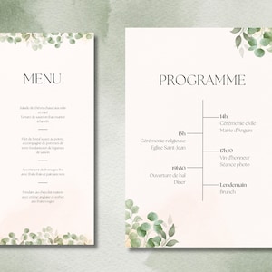 Modèle De Menu Et Programme Pour Mariage, À Imprimer, Thème Floral Eucalyptus, Facilement Personnalisable, Modèle Canva, Pour Futurs Mariés