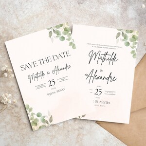 Duo de Save the Date et Faire-part Mariage, A Imprimer, Thème Eucalyptus Tendance, Pour Futurs Mariés, Facilement Personnalisable