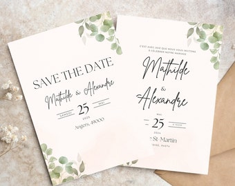 Save the Date and Wedding Invitation Templates, Eucalyptus, Floral, Pastel, Editable, Instant Digital Download