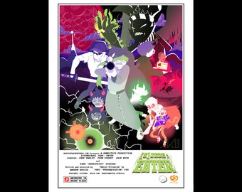 May include: A colorful poster with a retro style design featuring a group of characters from the webcomic Homestuck. The poster is titled "Striders Enter" and features a green, purple, and black color scheme. The characters are depicted in a dynamic pose, with a variety of expressions and gestures. The poster is a great example of fan art and would be a great addition to any Homestuck fan's collection.