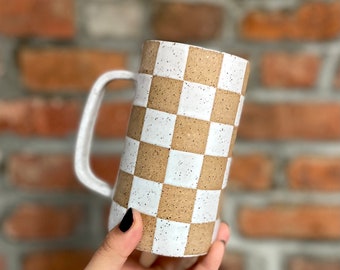 Handmade Ceramic Speckled Checkered Mug, 16-18oz.