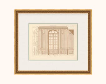 May include: Framed architectural print featuring a detailed drawing of a paneled wall with a large arched window. The print is in sepia tones, set within a light green mat and a gold-colored ornate frame. The artwork showcases classical design elements.