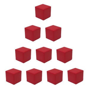 May include: Ten red foam cubes arranged in a pyramid shape. Each cube is a solid, vibrant red color and appears to be made of a soft material. The cubes are evenly spaced against a white background.