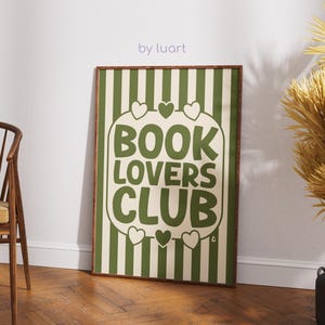 Book Club Wall Art Print: Green & Beige Library Decor (JPEG Format Digital Download)