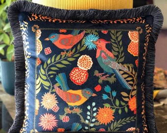 Stylish Floral Bird Navy Blue Velvet Throw Pillow Cover with Fringe edges, Cottage Chic Pillow, French Country Home Decor, Multi Sizes
