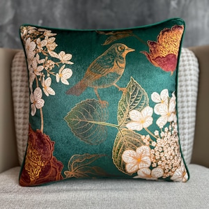 Floral Bird Green Velvet Throw Pillow, Stylish Cushion Cover with Piping edges, Designer Handmade Pillow Case, Best Gift, Lumbar Multi Sizes