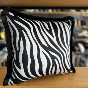 Zebra Black-White Throw Pillow Cover with Fringe edges, Designer Handmade Pillowcase, Berber Cushion, Lumbar Pillowcase 18x18 16x16 And More