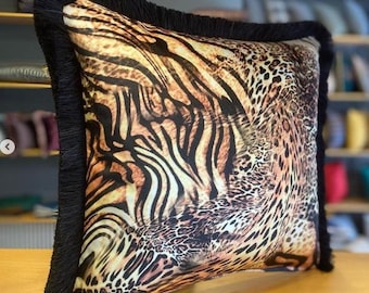 TIGER Leopard Print Velvet Throw Pillow Cushion Cover with Fringe edges, Cottage Chic Pillow, French Country Home Decor , Boho Multi Sizes