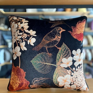 Floral Bird Black Velvet Throw Pillow, Stylish Cushion Cover with Piping edges, Designer Handmade Pillow Case, Best Gift, Lumbar Multi Sizes