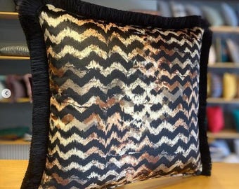 Unique Leopard Chevron Velvet Throw Pillow Cushion Cover with Fringe edges, Cottage Chic Pillow, French Country Home Decor ,Boho Multi Sizes