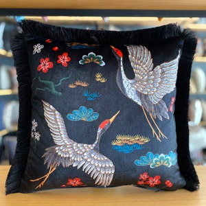 Heron Velvet Throw Pillow Cushion Cover with Fringe edges, Chinese Style Crane Birds Handmade Pillow Case, Lumbar Pillowcase Multi Sizes