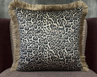 UNIQUE Leopard Print Velvet Throw Pillow Cover with Fringe edges, Cottage Chic Pillowcase, French Country Home Decor , Boho Multi Sizes