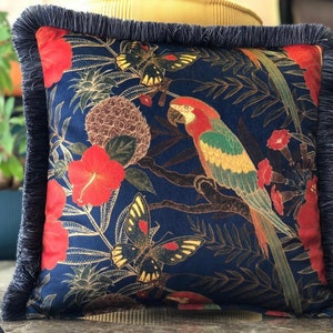 Stylish Parrot Bird Velvet Throw Pillow Cushion Cover with Fringe edges, Cottage Chic Pillow, French Country Home Decor , Multi Sizes