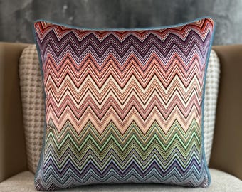 Decorative Velvet Cushion Cover, Blue Chevron Velvet Throw Pillow Cover,  Euro Sham, Zigzag Cotton Pillow Cover